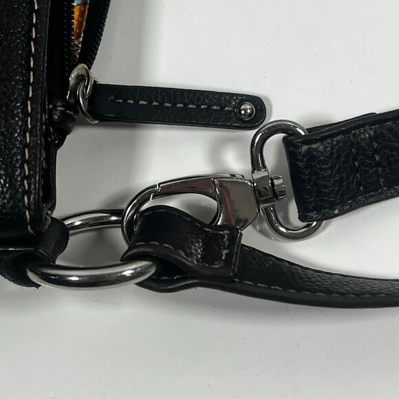 Black Pebbled Genuine Leather Crossbody Bag Many Zippered Pockets Floral Lining - Picture 4 of 16